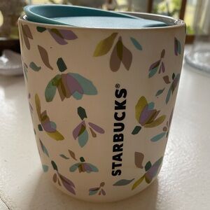 Starbucks Cream and Blue Ceramic Mug with Floral Design